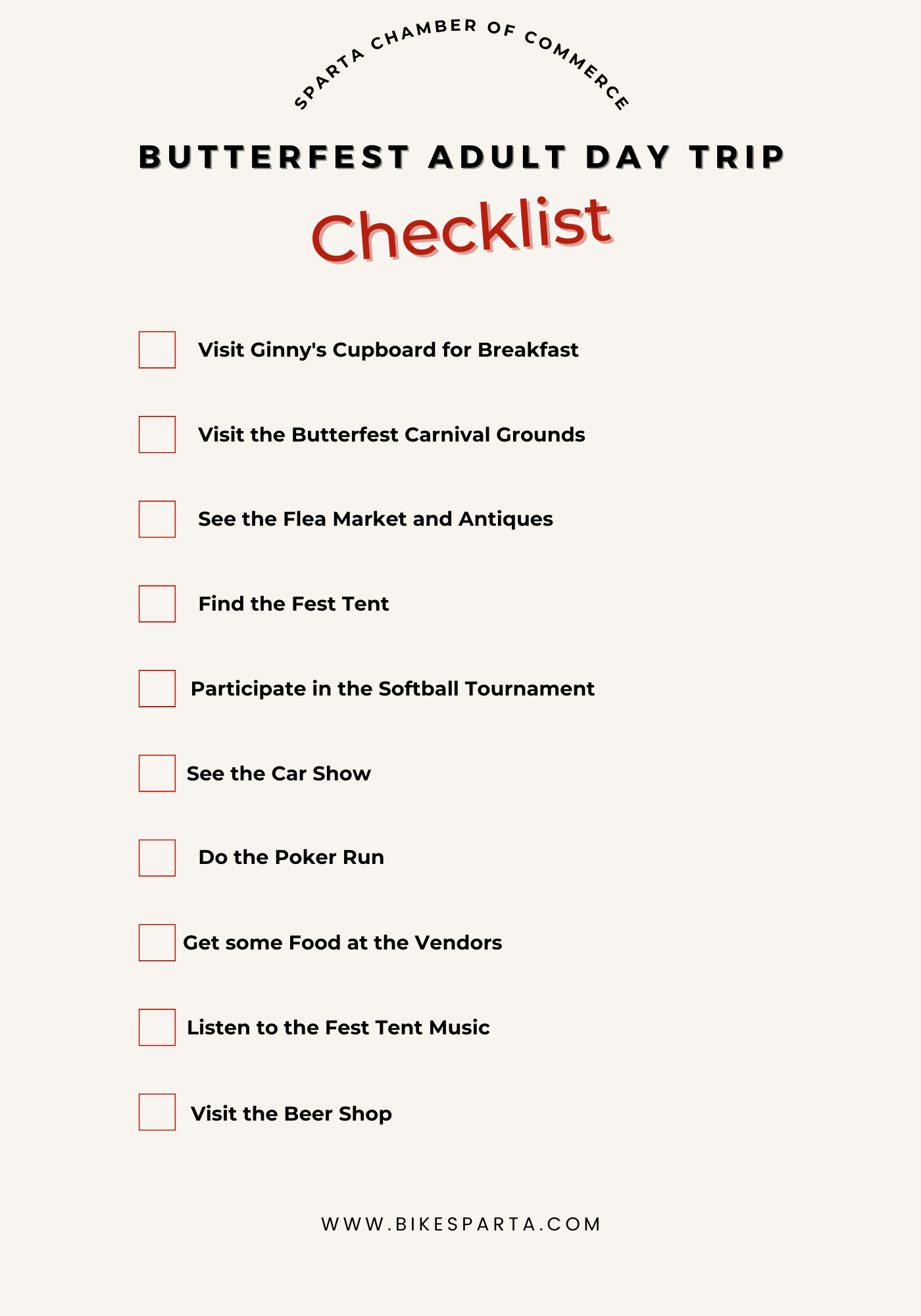 Butterfest Adult Day Trip checklist